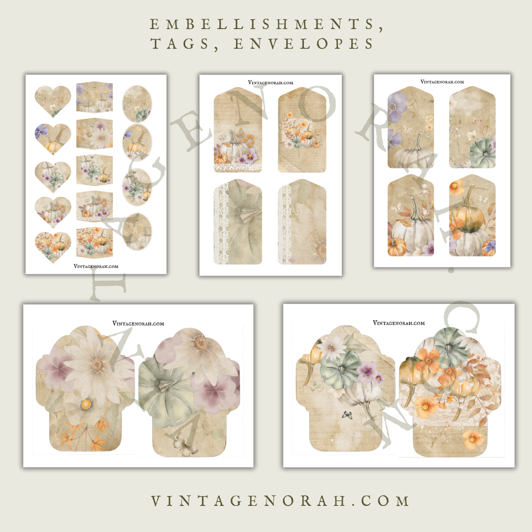 DIGITAL KIT~PUMPKIN FLOWER , PRINTABLE SCRAPBOOK, JOURNAL PAPERS