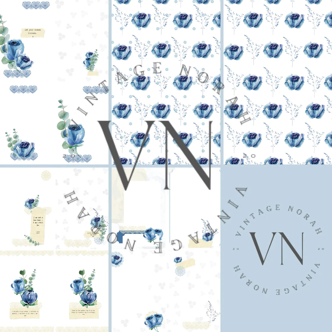 Journal Pages ~BLUE ROSE by VintageNorah. Printable, Pdf.