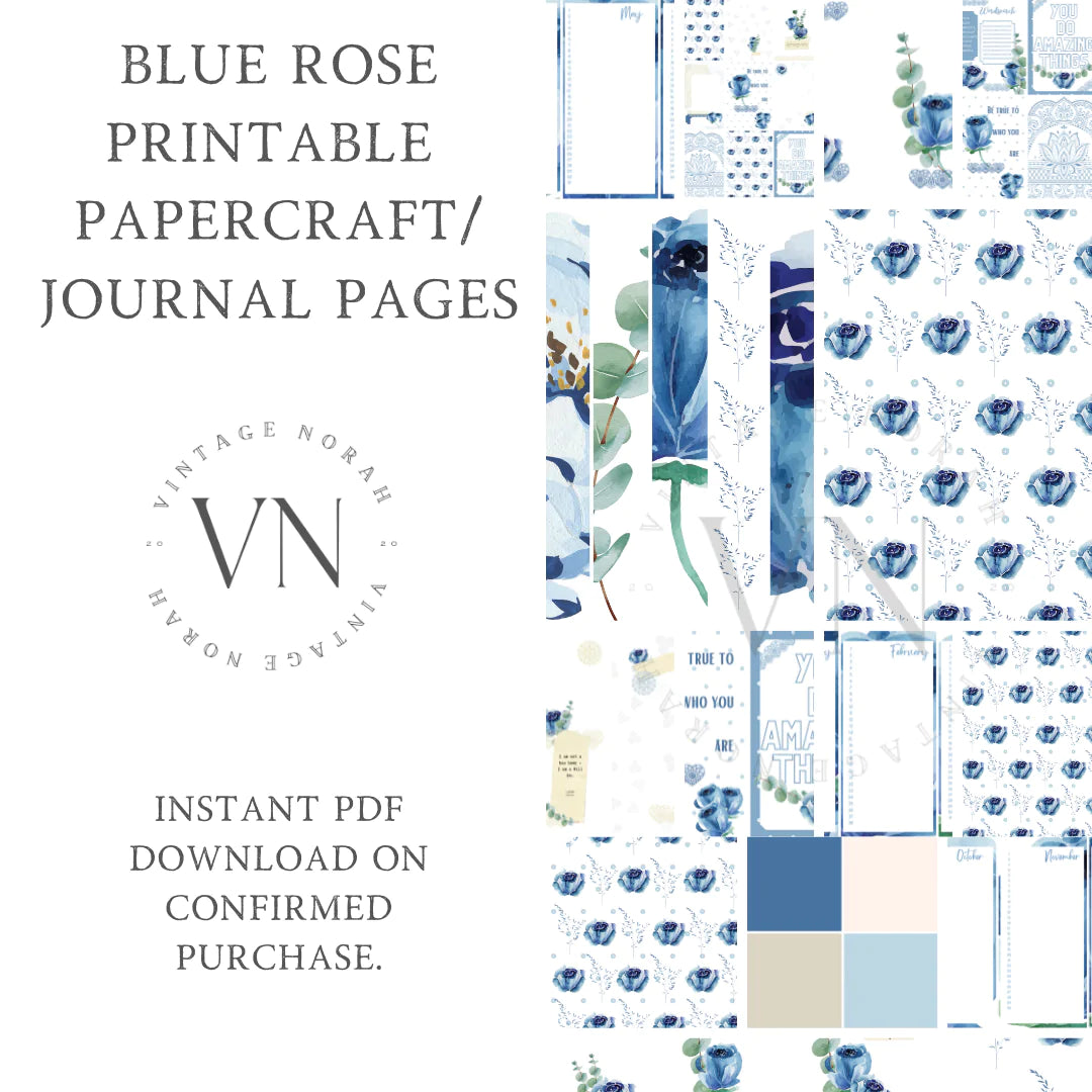 Journal Pages ~BLUE ROSE by VintageNorah. Printable, Pdf.