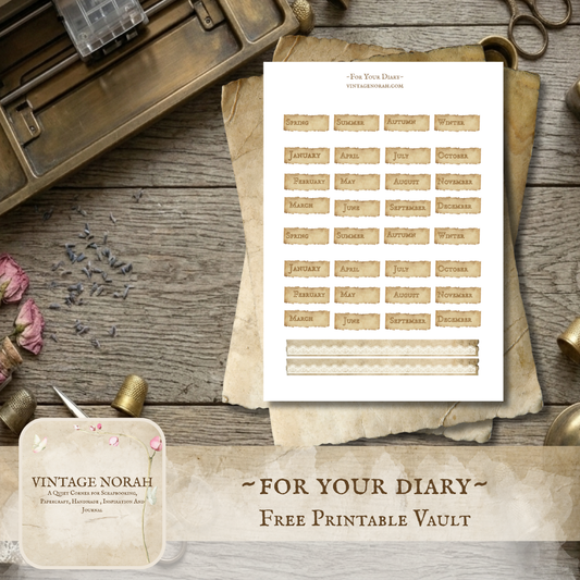 A FREEBIE ~ For Your Diary~ Printable Journal Tabs, Aged Monthly Tabs. Lace Trims (A4 PDF)