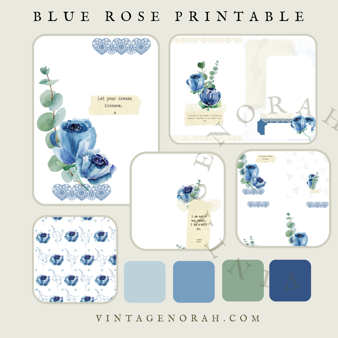 Journal Pages ~BLUE ROSE by VintageNorah. Printable, Pdf.