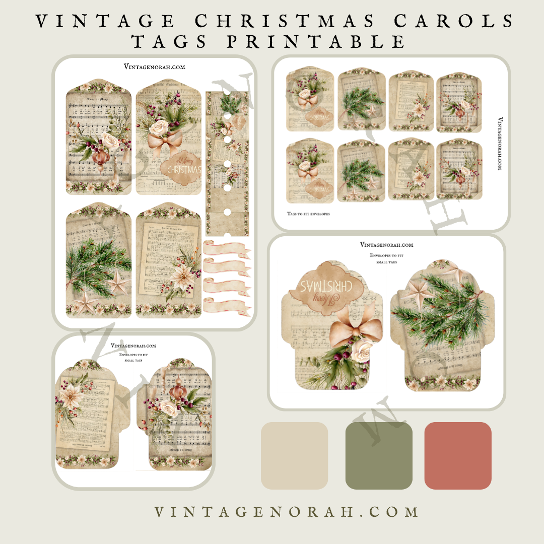 DIGITAL KIT ~ Vintage Christmas Carols Tags PRINTABLE PDF